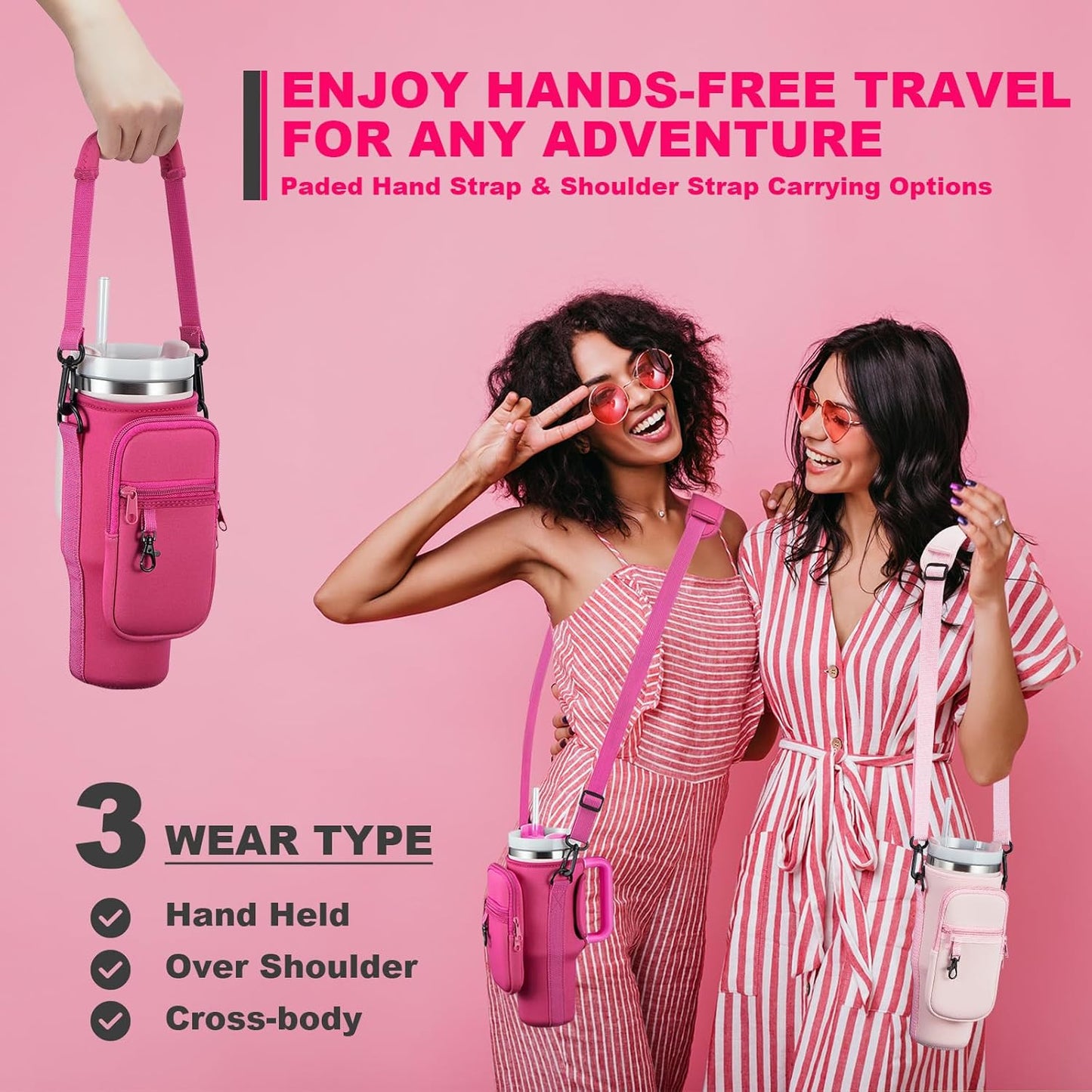 BULKITEM Water Bottle Carrier Bag with Phone Pocket for Stanley 40 & 30 oz Tumbler with Handle,Pink Insulated Neoprene Cup Holder Pouch w/Adjustable Strap for Quencher H2.0 Stanley Cup Accessories