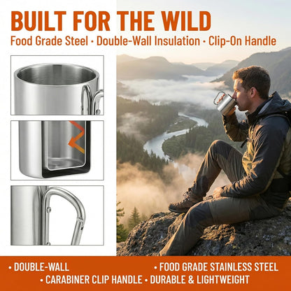 Tebery 2 Pack Stainless Steel Coffee Mugs with Handles 10OZ Double Walled Travel Water Tea Coffee Cups for Backpacking, Camping & Hiking