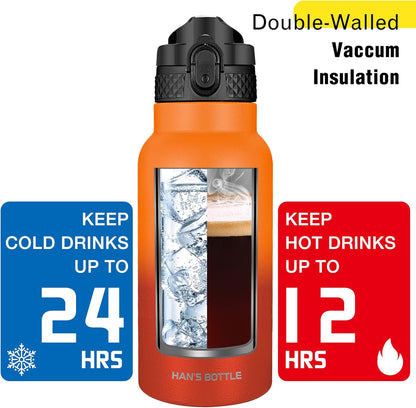 Han's Bottle Sports Water Bottle - 24 Oz, Straw Lid, Leak Proof, Vacuum Insulated Stainless Steel, Double Walled, Thermo Mug,Black