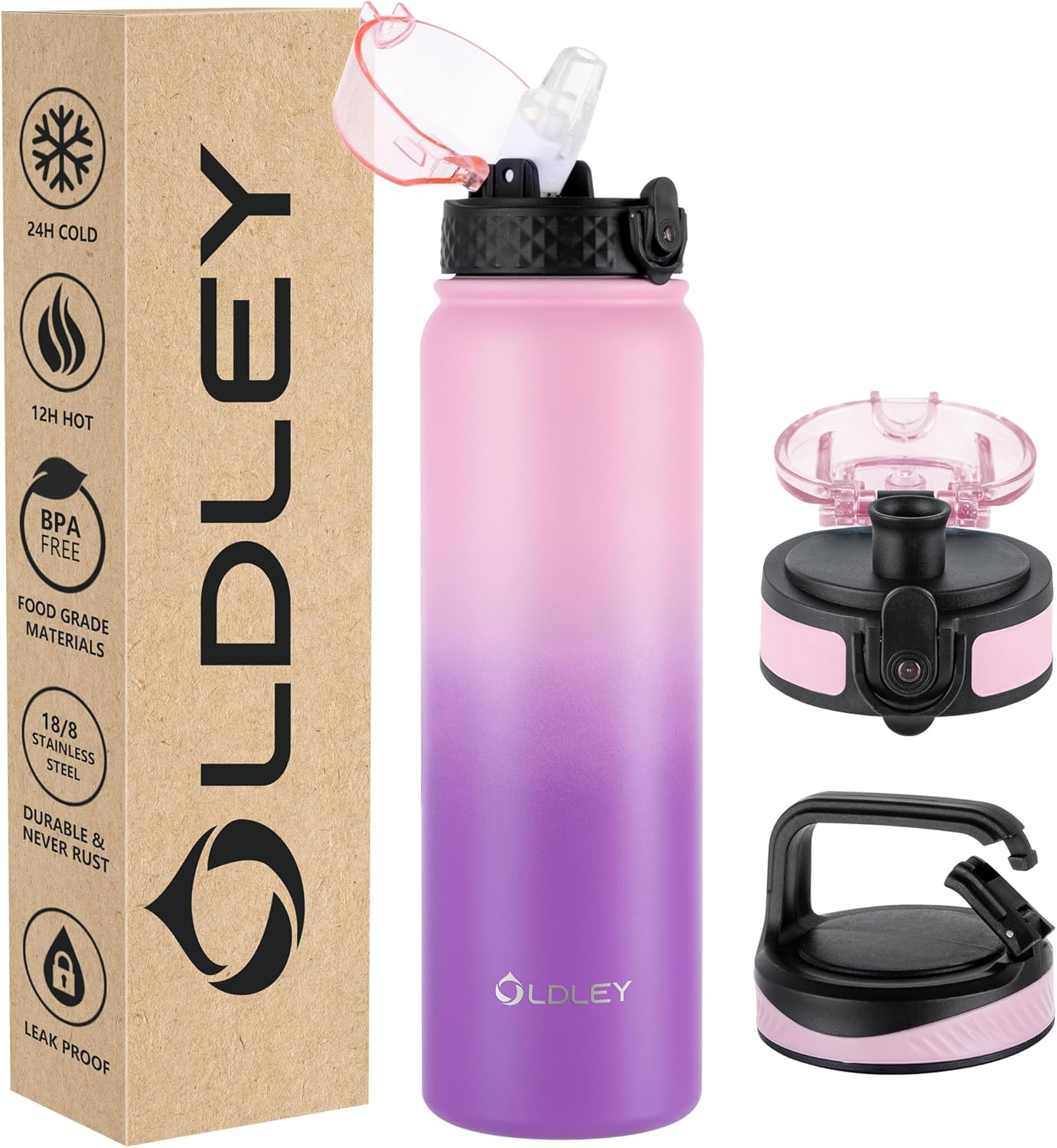Oldley Insulated Water Bottle 20oz for Adults Kids Stainless Steel Water Bottles with Straw/Chug/Carabiner 3 Lids Fruit Strainer Double Wall Vacuum Wide Mouth BPA Free Leak-Proof for School Travel