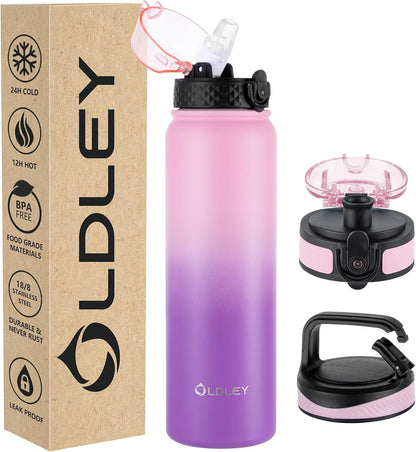 Oldley Insulated Water Bottle 20oz for Adults Kids Stainless Steel Water Bottles with Straw/Chug/Carabiner 3 Lids Fruit Strainer Double Wall Vacuum Wide Mouth BPA Free Leak-Proof for School Travel
