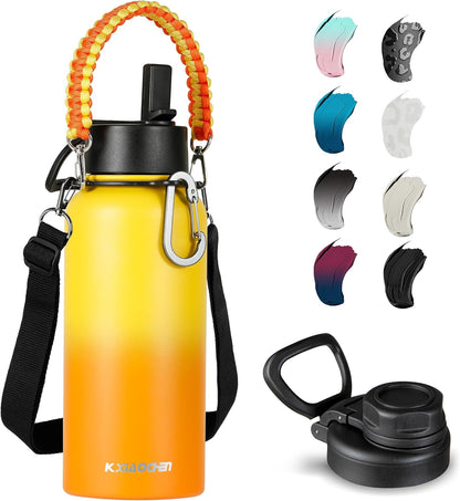 KXIAOCHEN Insulated Water Bottle With Strap, Cold For 48 Hrs Leak Proof, Triple Wall Stainless Steel Sports Water Bottle With Straw And Spout Lid For Gym Hiking Travel