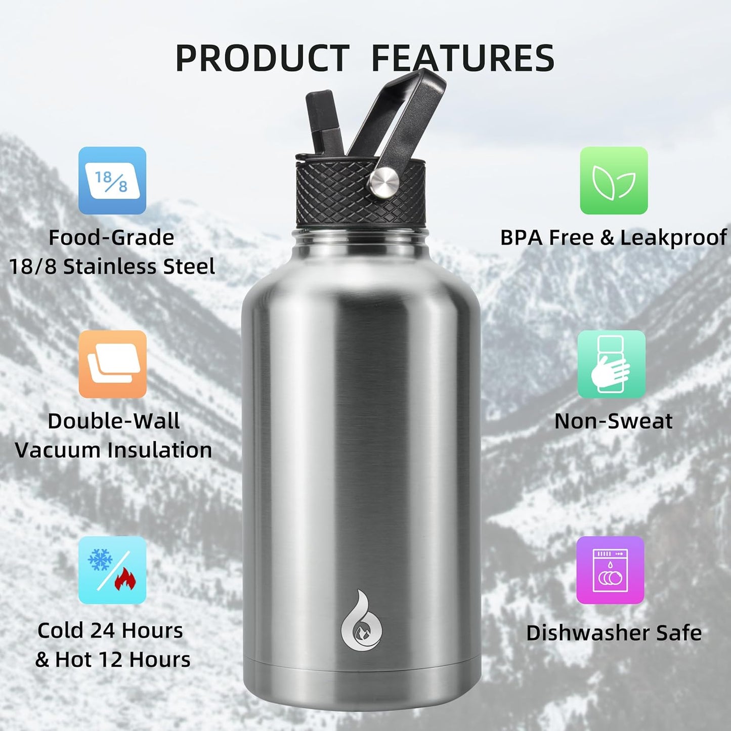 BJPKPK Insulated Water Bottles with Straw Lid, 40oz Stainless Steel Water Bottles with 3 Lids, BPA Free Leakproof Thermo, Tumblers, Cups for Sports, Gym- Midnight - Colors B