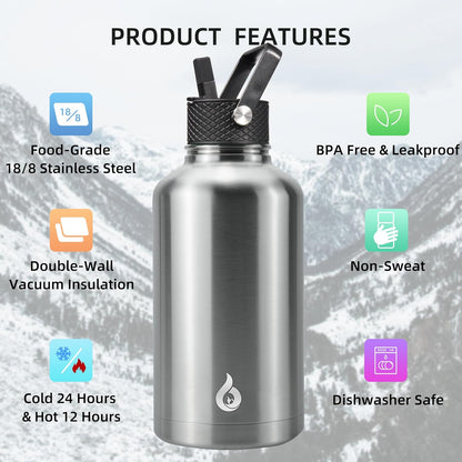BJPKPK Insulated Water Bottles with Straw Lid, 40oz Stainless Steel Water Bottles with 3 Lids, BPA Free Leakproof Thermo, Tumblers, Cups for Sports, Gym- Midnight - Colors B
