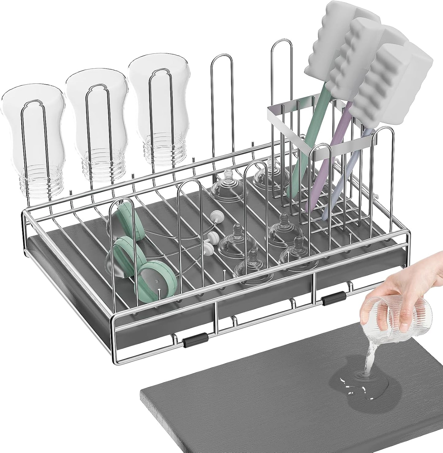Bottle Drying Rack Stainless Steel Fold Water Bottle Drying Rack Organizer with Straw Holder for Baby Bottles,Cups, Mugs and Glass, Sports Bottles Dryer Countertop