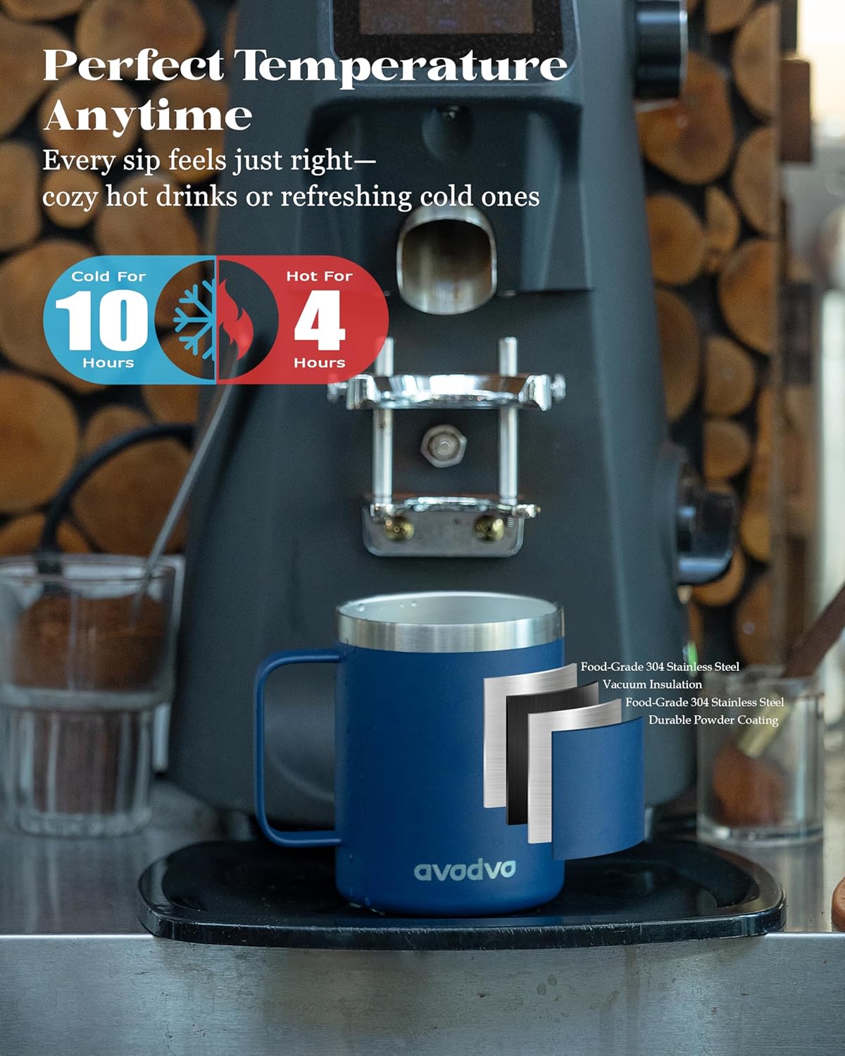 12oz Insulated Coffee Mug with Lid – Includes Two Lids, Stainless Steel Coffee Travel Mug with Handle, Double Wall Vacuum Insulated Camping Mug for Home, Office & Outdoor, Navy Blue
