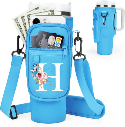Initial Water Bottle Holder with Strap for Stanley Cup Accessories 40 oz/Simple Modern Tumbler, Birthdays for Women Girls, Water Bottle Carrier Bag with Phone Pocket,Hiking Walking Gym Camping