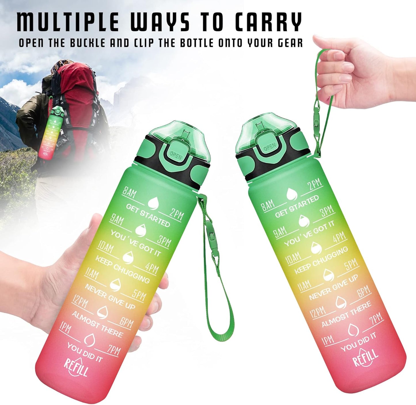 Enerbone 32 oz Drinking Water Bottle with Times to Drink and Straw, Motivational with Carrying Strap, Leakproof BPA & Toxic Free, Ensure You Drink Enough Water for Fitness Gym Outdoor