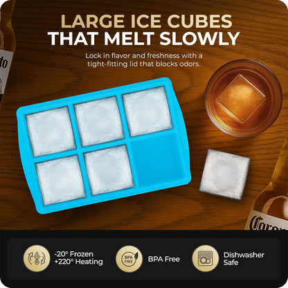 Large Ice Cube Trays for Whiskey, Silicone Ice Cube Tray, with Reinforced Steel Ring Top, Makes 12 perfect 2-in ice cubes, Square Ice Tray for Cocktails, Whiskey, Coffee. (2 Pack)