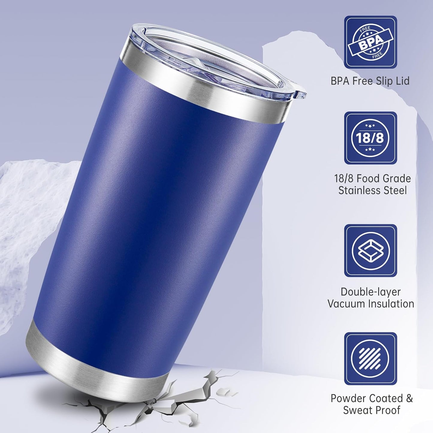 20 oz Tumblers Bulk Stainless Steel Tumbler with Lid Double Wall Vacuum Insulated Coffee Mug 20oz Powder Coated Cup for Hot and Cold Drinks, Stainless, 6 pack