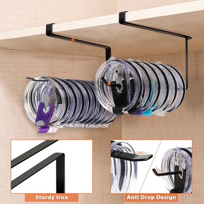 Tumbler Lid Organizer, Horizontal Tumbler Lid Storage Hook Up to 10 Lids, Space Saving Cup Lid Holders Under Cabinet Tumbler Lid Hook for Kitchen Organizer and Storage,Hanging Paper Towel Rack Hanger