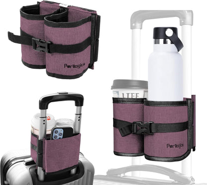 Perilogics Luggage Travel Cup Holder Hands Free Drink Caddy for Suitcase Handle. Perfect Airplane Travel Essential Accessory Gift for Frequent Traveler, Flight Attendant or with Children (Dark Gray)