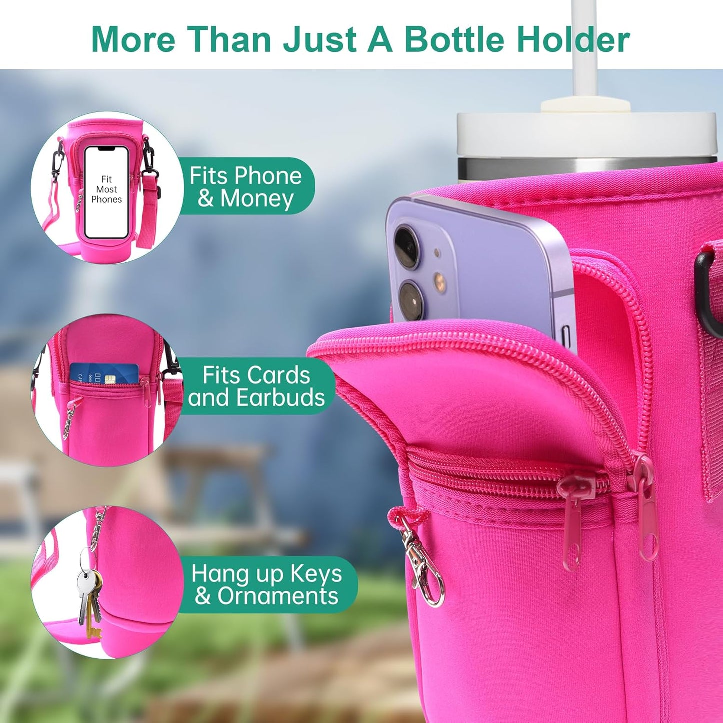 Water Bottle Carrier Bag with Strap for Stanley Cup 40oz/30oz with Phone Pocket, Neoprene Cross-Body Insulated Water Bottle Holder for Tumbler with Handle, Stanley Cup Accessories