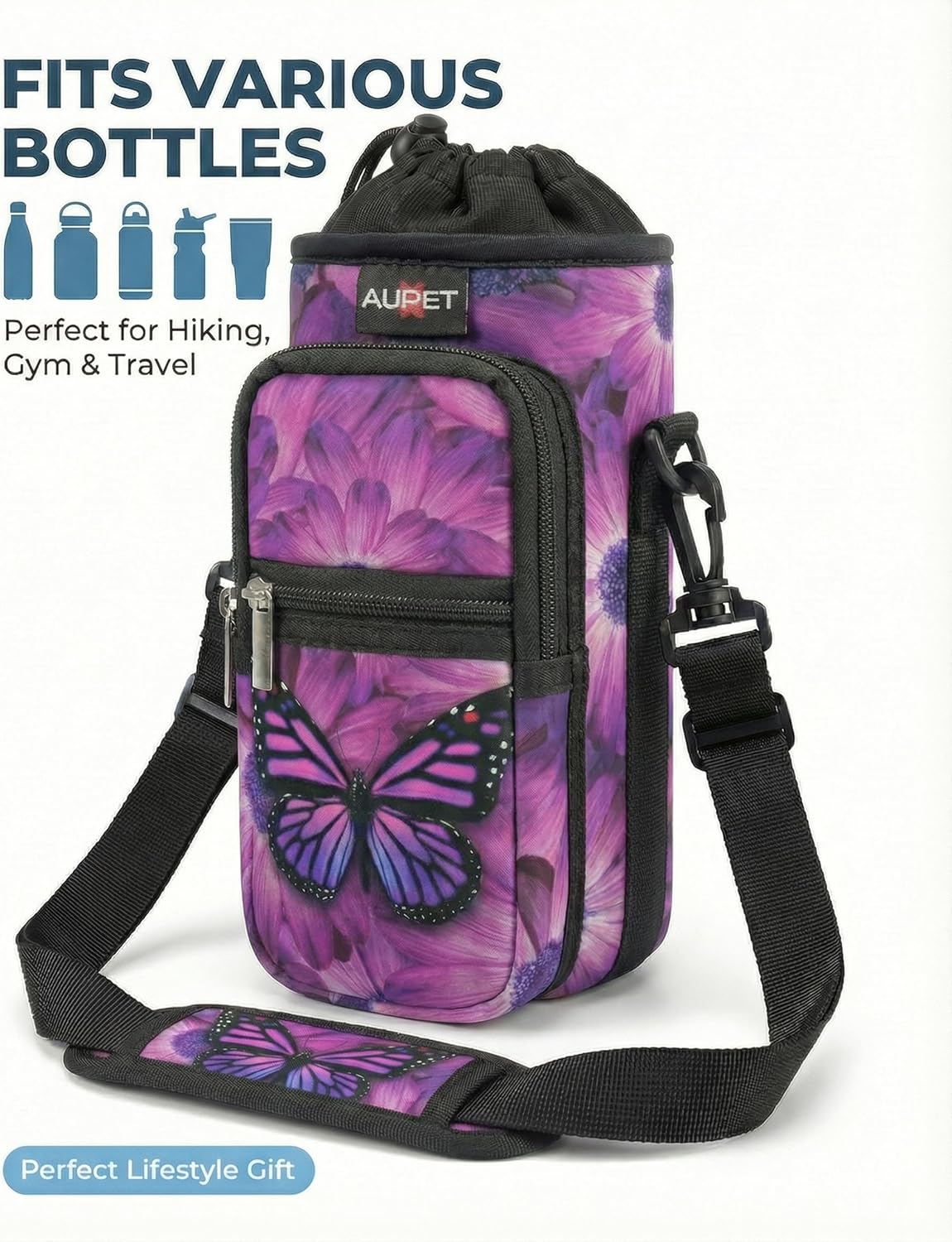 AUPET Water Bottle Sling Bag Sleeve Holder Carrier 25/32/40/64 oz,Insulated Crossbody Water Bottle Case Cover with Strap and Pockets for Men/Women Walking Hiking