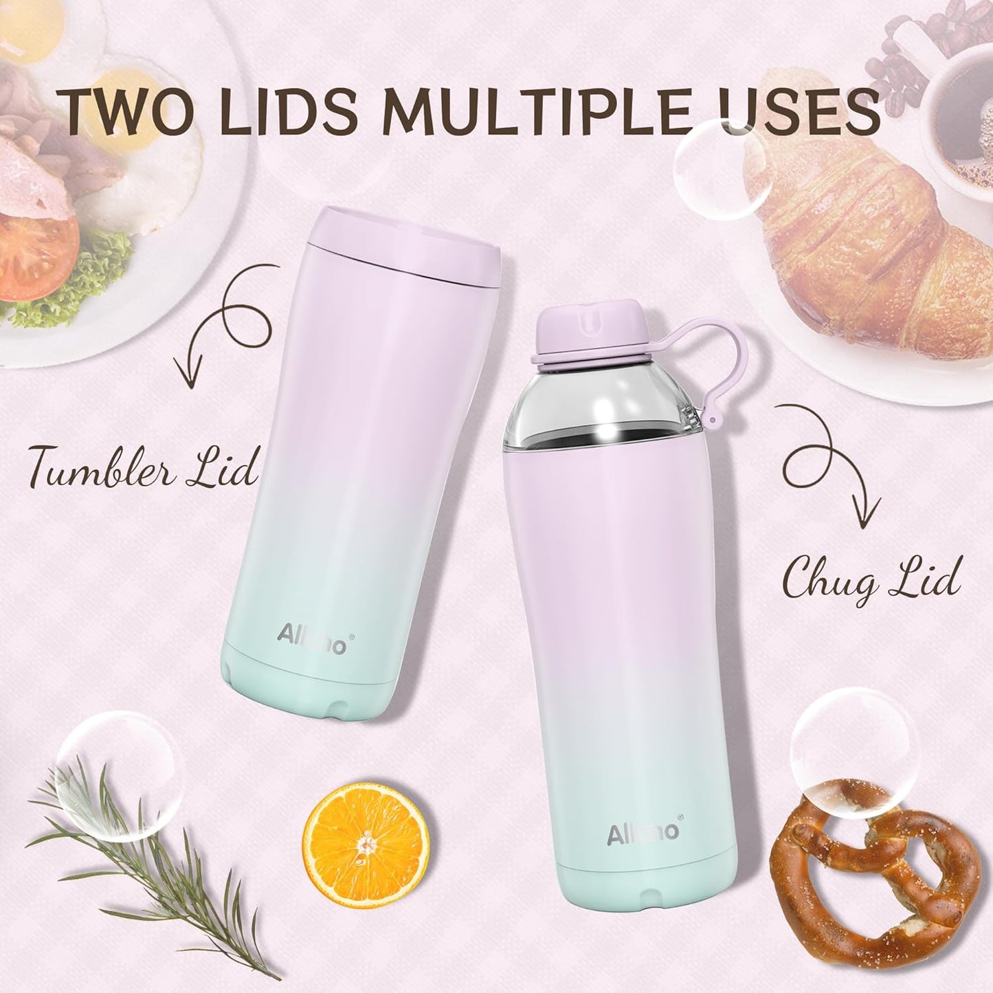 Allcho Insulated Water Bottle for Women, 18oz Stainless Steel Leak Proof Tumbler with 2 Lids, BPA-Free Tritan Chug & Straw Lid, Double Wall Vacuum Flask