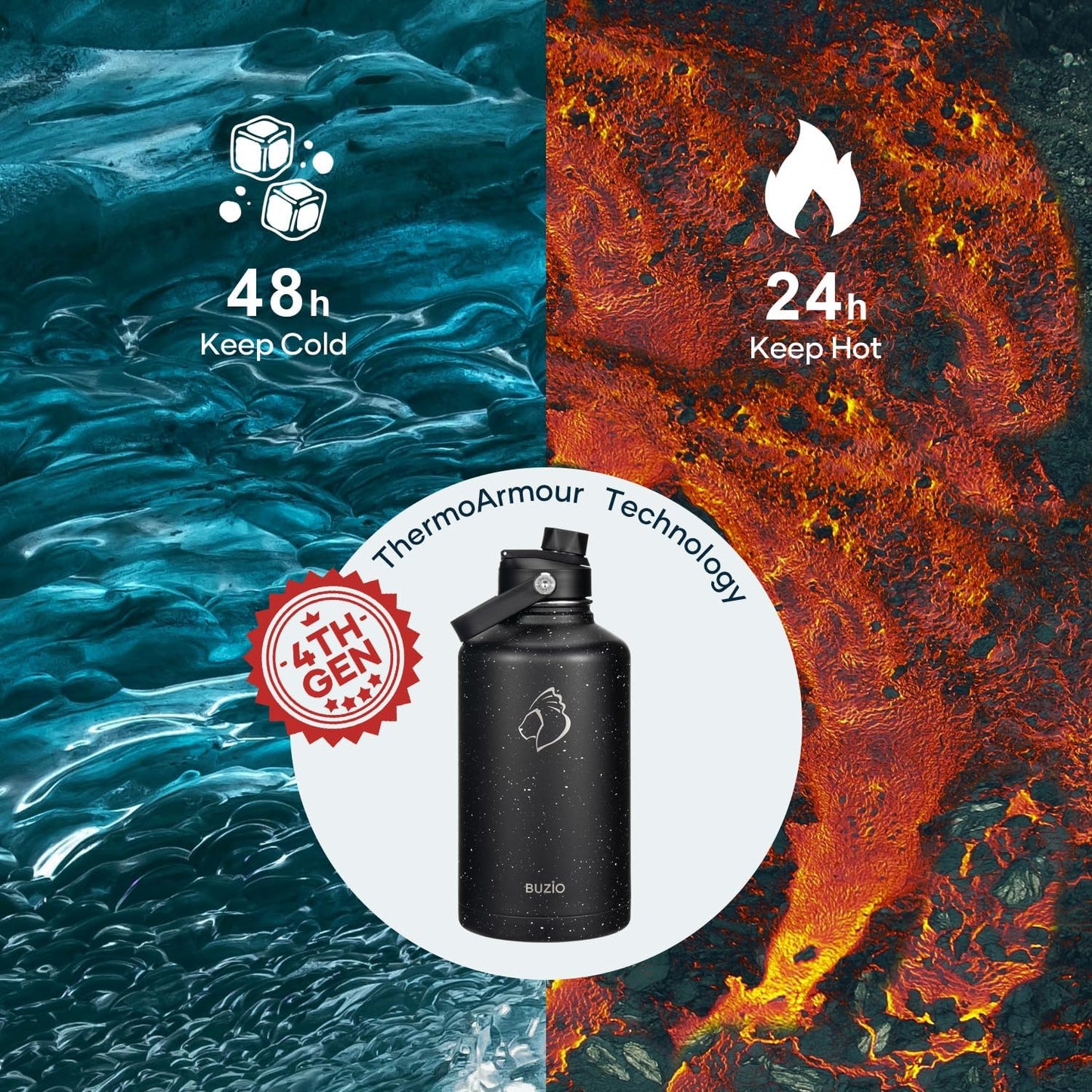 BUZIO 40oz Insulated Water Bottle, Triple Wall Vacuum Stainless Steel Water Flask with 2 lids, Lead-Free BPA-Free Straw Lid Sports Canteen Jug, Cold 48H & Hot 24H- Black - Colors A