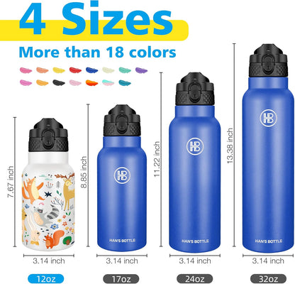 Han's Bottle Sports Water Bottle - 24 Oz, Straw Lid, Leak Proof, Vacuum Insulated Stainless Steel, Double Walled, Thermo Mug,Black