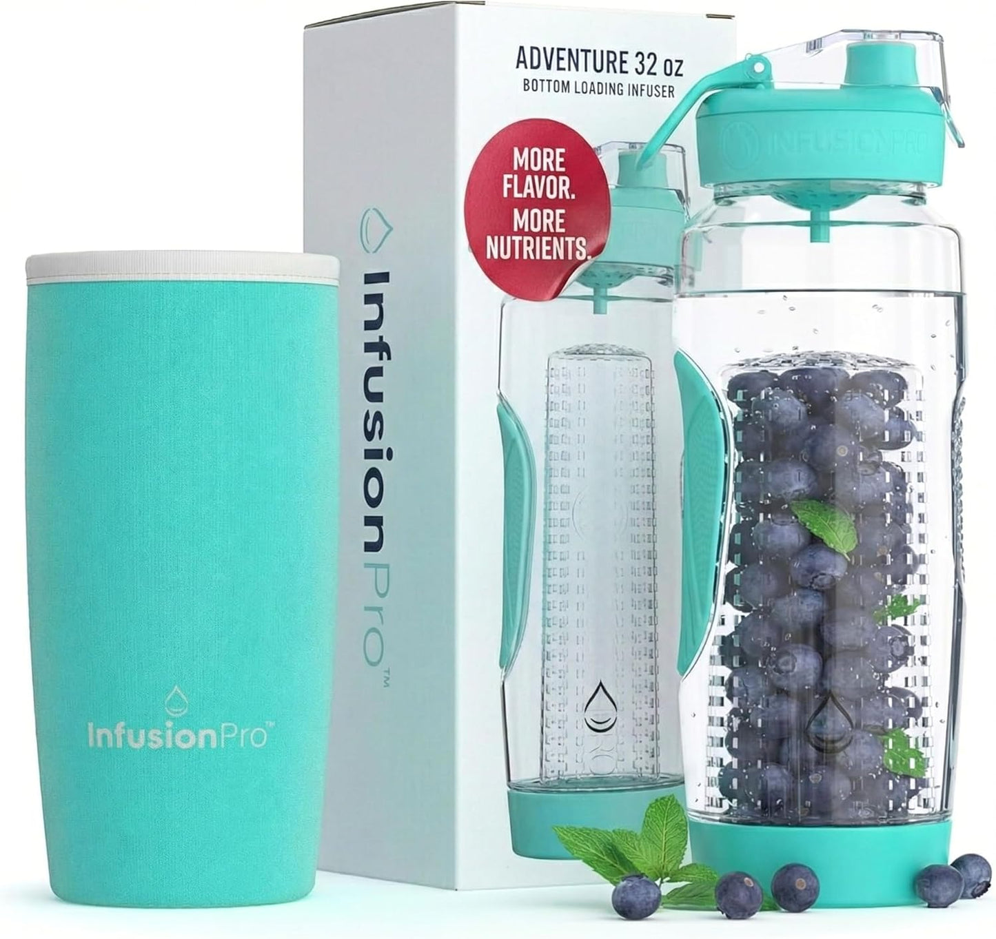 Infusion Pro 32 oz Fruit Infuser Water Bottle with Insulated Sleeve & 50 Recipe Fruit Infusion Water eBook : Bottom Loading, Large Water Infuser for More Flavor : Unique Gift Idea for Women
