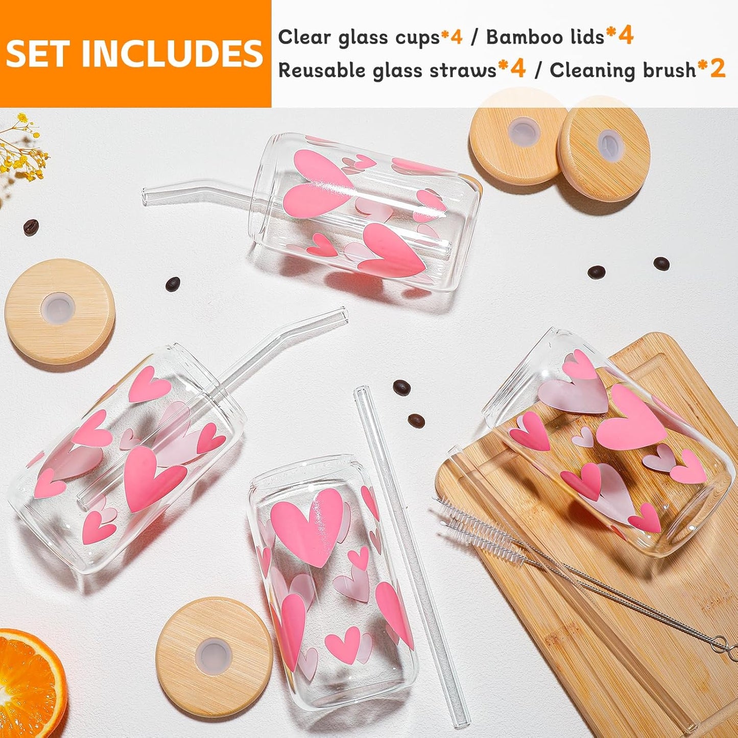 DWTS DANWEITESI Glass Cups with Lids and Straws 4 pcs,16oz Drinking Glasses Set for Coffee Bar Accessories,Iced Coffee Cups with Lids,Matcha Cup Glass Tumbler Reusable for Gifts