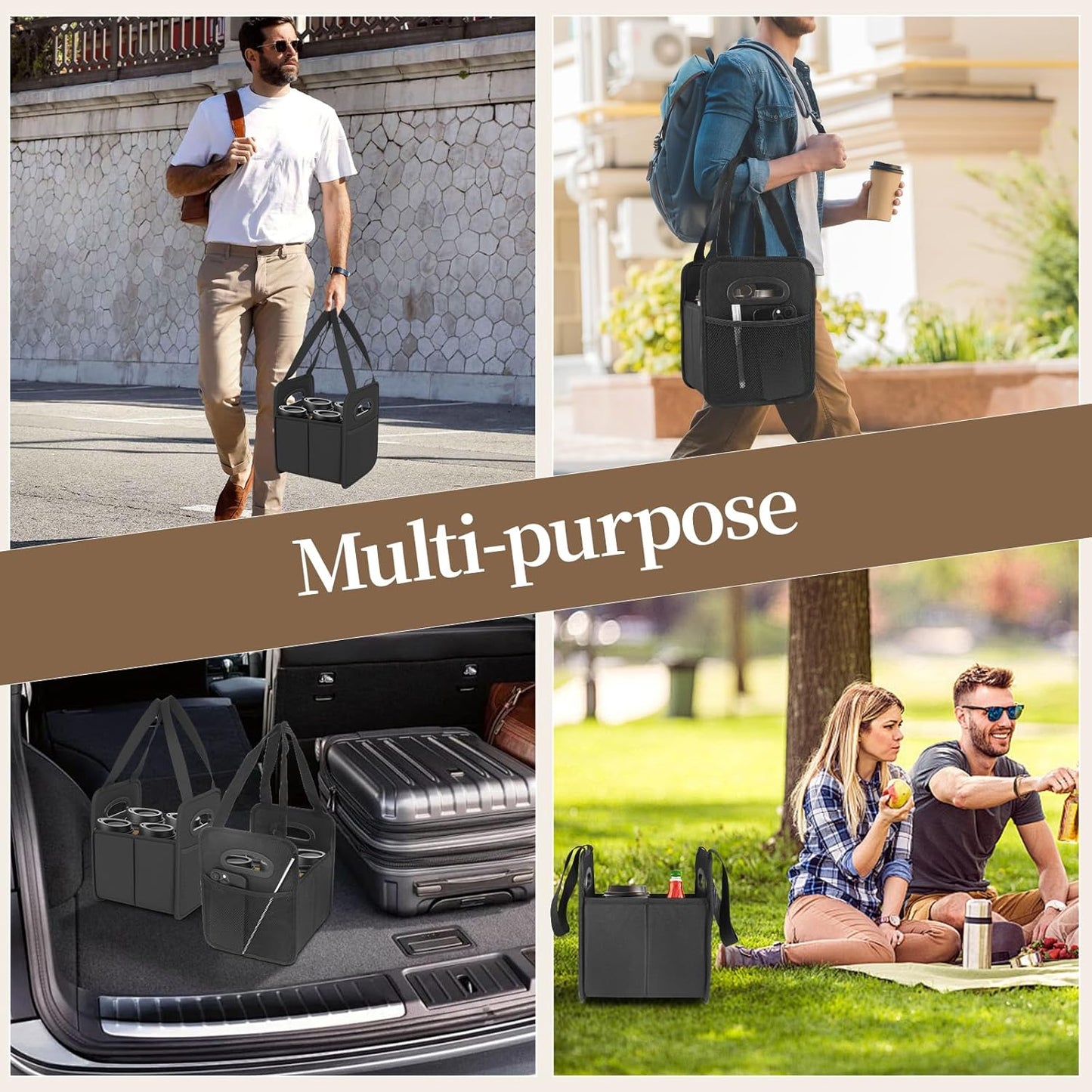 Foyego 4 Cup Drink Carrier with Handle, Reusable Insulated Drink Caddy Drink Holder for Car, Folding Portable Coffee Cup Holder Bag for Travel and Delivery