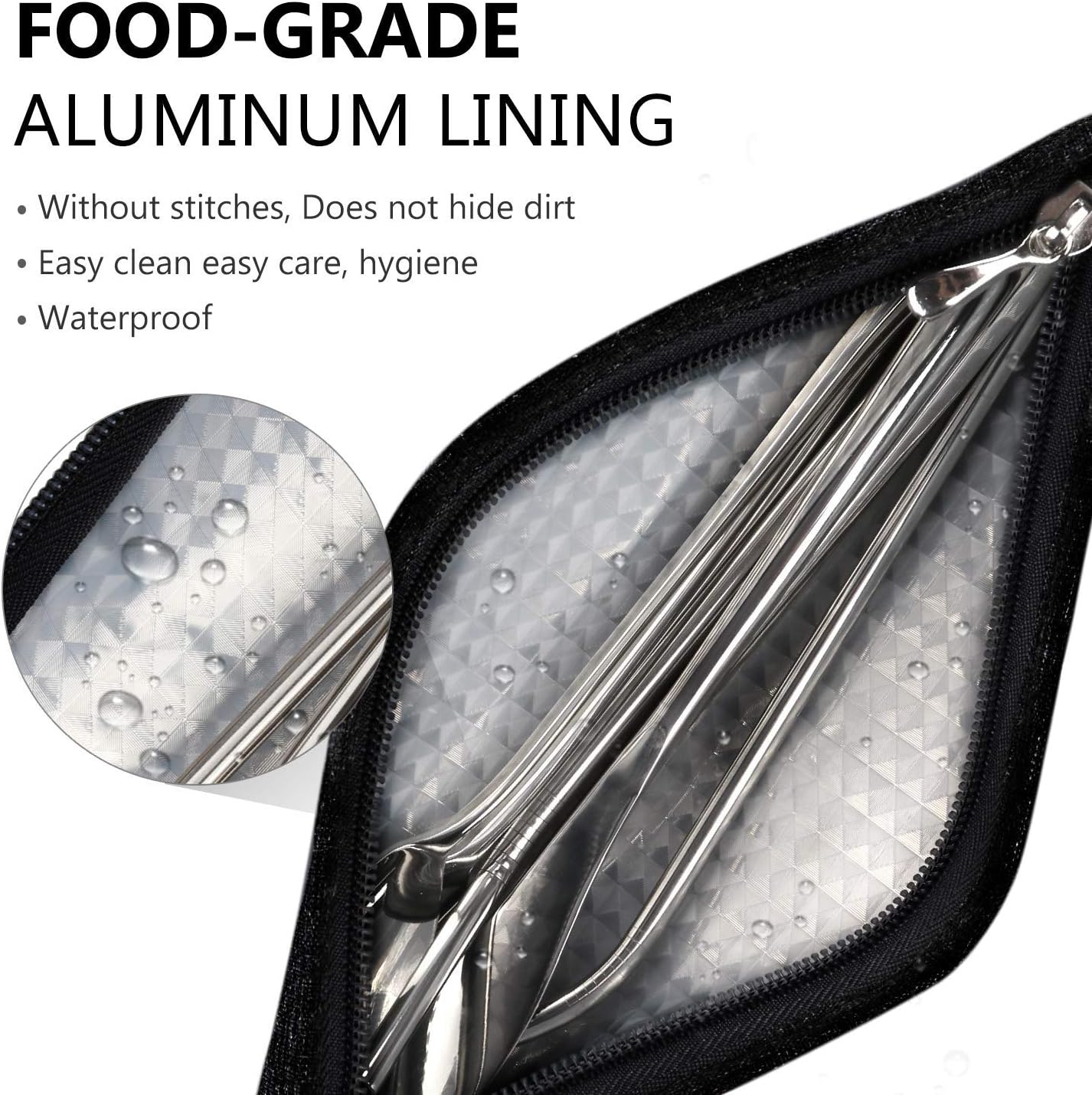 Aosbos Reusable Stainless Steel Straw Case - Metal Pouch with Silicone Straws - Travel Utensil Sets Pouch, Black