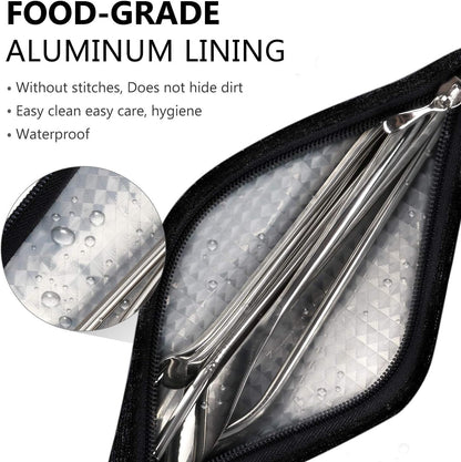 Aosbos Reusable Stainless Steel Straw Case - Metal Pouch with Silicone Straws - Travel Utensil Sets Pouch, Black