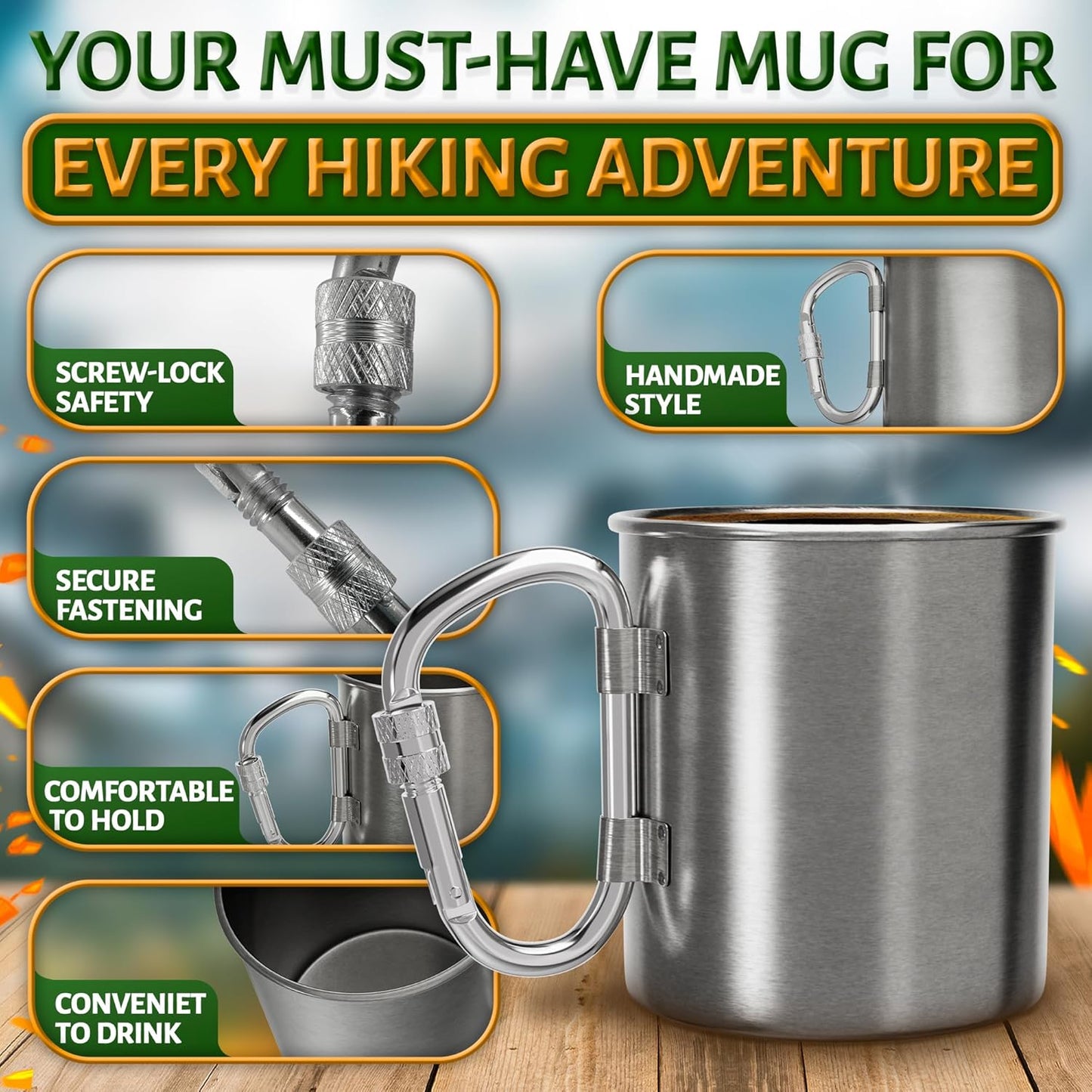 13.5 Oz Camping Mug with Carabiner Handle - Clip-On & Lightweight Design, Stainless Steel Camping Cup for Backpacking, Hiking & Travel - Packable Metal Coffee Mug for Hot & Cold Tea, Soup & Cocoa