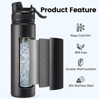 Fijinhom 18 oz Insulated Water Bottle, 2-in-1 Straw and Spout Lid Stainless Steel Thermos, Leak-Proof, Double Wall Vacuum Flask, Keep Cold 24H for Outdoor, Sports, Travel, School (Black)