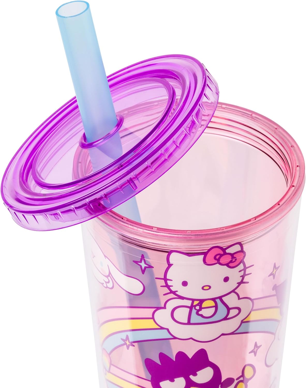 Silver Buffalo Sanrio Hello Kitty and Friends Plastic Boba Tumbler with Lid and Straw Featuring Hello Kitty, Cinnamorroll, Kuromi, My Melody, Badtz Maru, Keroppi, Chococat, and Pompompurin, 24 Ounces