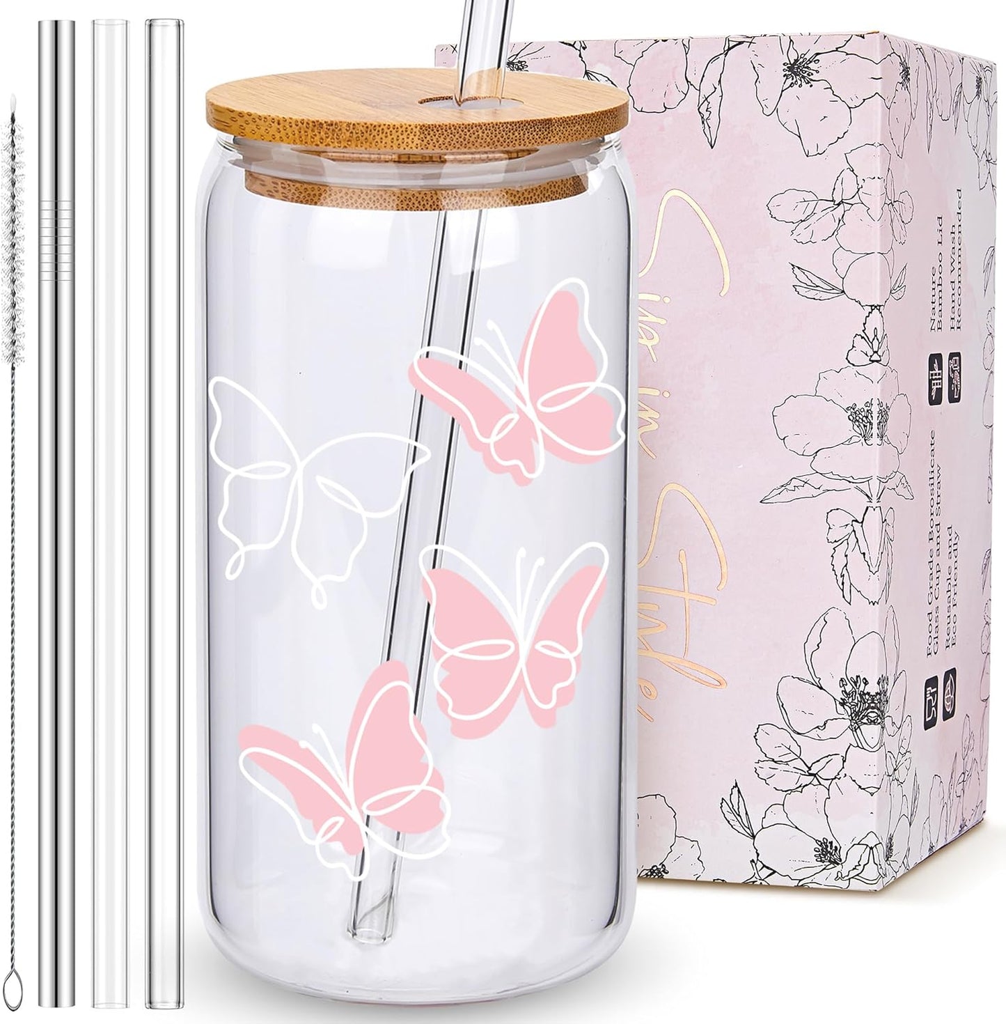 Coquette Cute Pink Bow Glass Cups with Lids and Straws, Aesthetic Iced Coffee Matcha Cup, Girly Preppy Design Tumbler Mug, Valentines Christmas Birthday Gifts for Women, Teen Girl Gifts Trendy Stuff