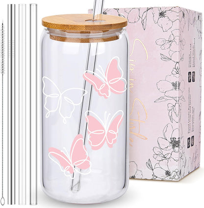 Coquette Cute Pink Bow Glass Cups with Lids and Straws, Aesthetic Iced Coffee Matcha Cup, Girly Preppy Design Tumbler Mug, Valentines Christmas Birthday Gifts for Women, Teen Girl Gifts Trendy Stuff
