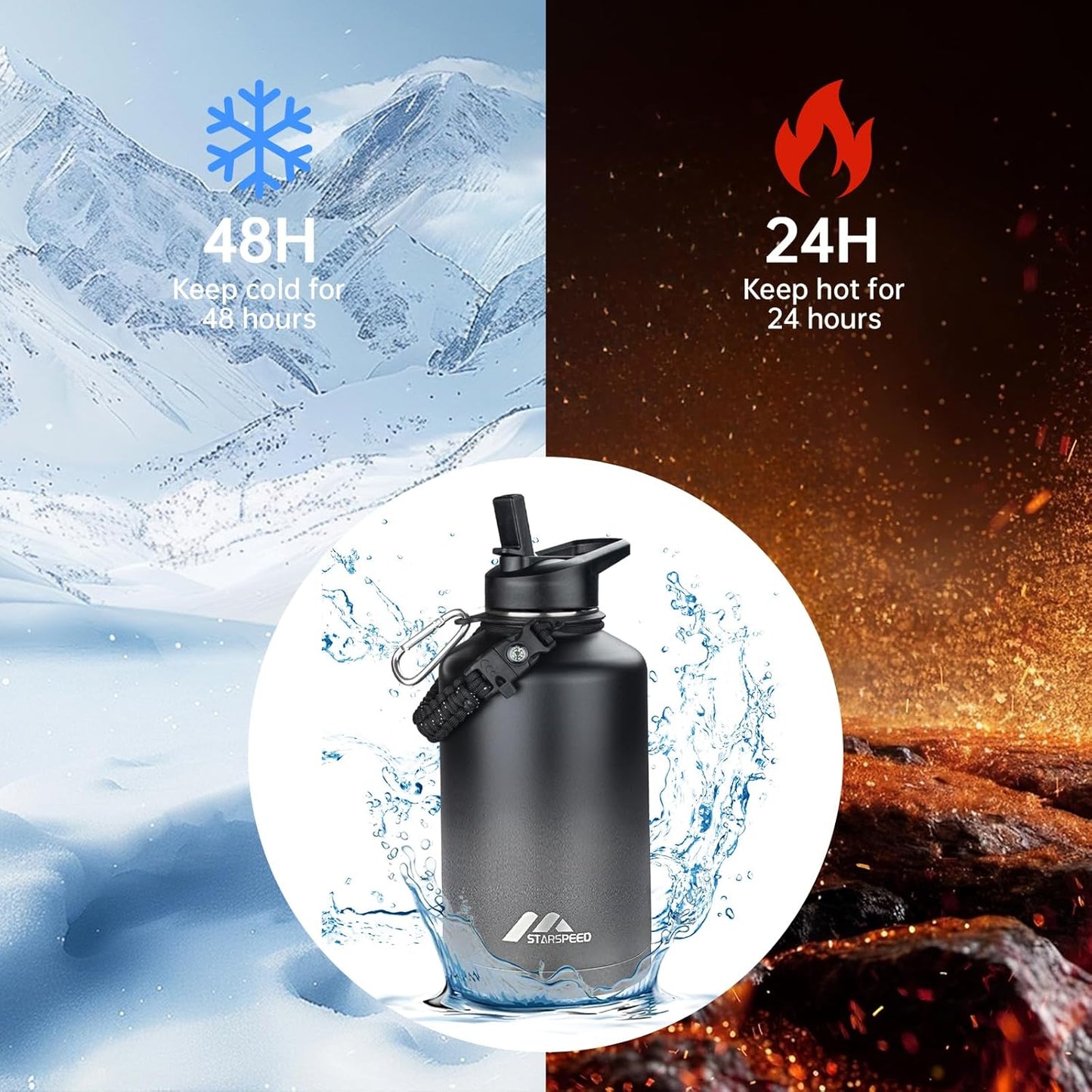 StarSpeed 32oz Insulated Water Bottle with Straw Lid, Stainless Steel Double Walled Vacuum Water Flask, Wide Mouth Sports Water Bottle for Gym Camping Hiking, Indigo Black