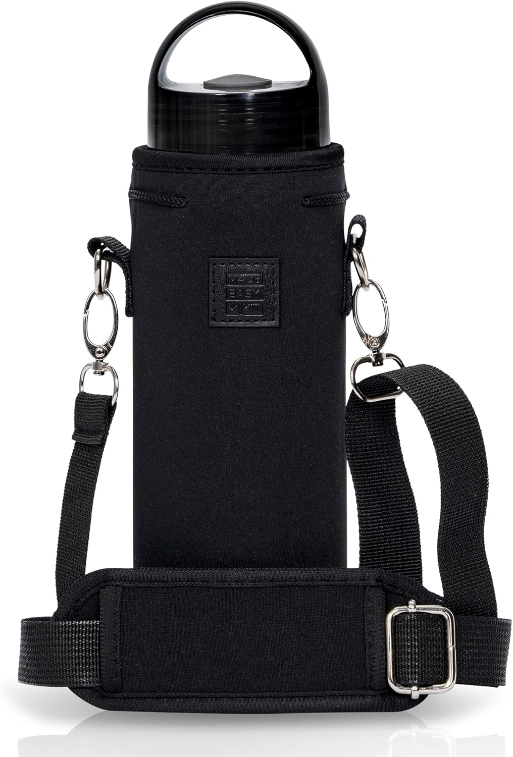 Made Easy Kit Neoprene Water Bottle Carrier Holder with Adjustable Shoulder Strap for Insulating & Carrying Water Container Canteen Flask Available in 5 Sizes (Black, M (16oz-22oz))