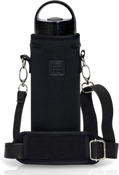 Made Easy Kit Neoprene Water Bottle Carrier Holder with Adjustable Shoulder Strap for Insulating & Carrying Water Container Canteen Flask Available in 5 Sizes (Black, M (16oz-22oz))
