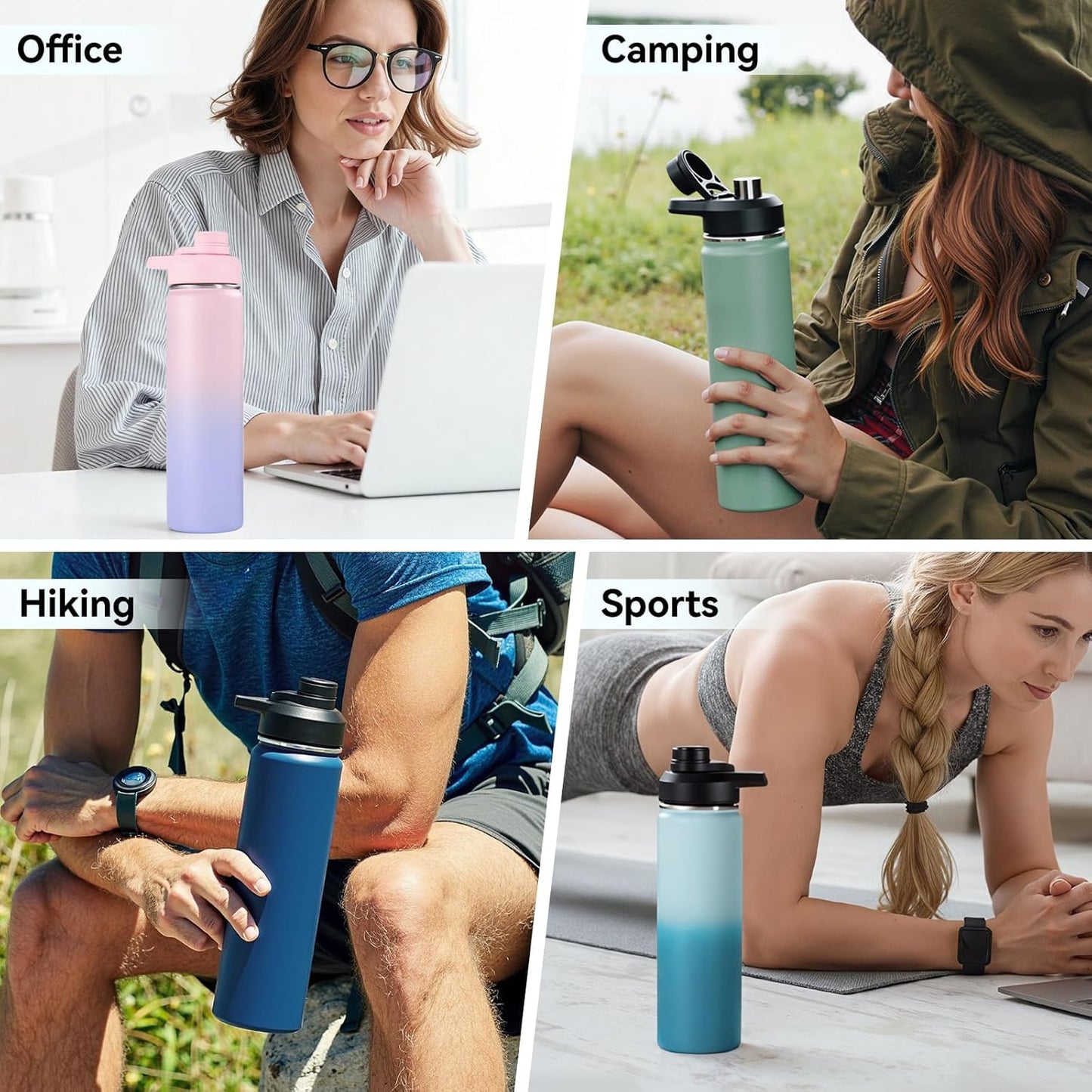 Fijinhom 24 oz Insulated Water Bottle with Handle, 304 Stainless Steel Water Bottles with Wide Mouth, Double Wall Vacuum Sports Water Bottle, BPA Free, Keep Cold and Hot, Black | with Handle