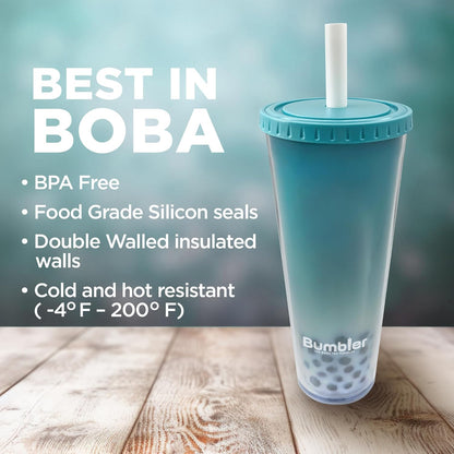 Bumbler Original Boba Tea Cup - 24oz Double-Walled Plastic Reusable Tumbler with Extra Wide Straw & Leak-Proof Lid - BPA-Free Smoothie & Iced Coffee Travel Mug - Blush Pink
