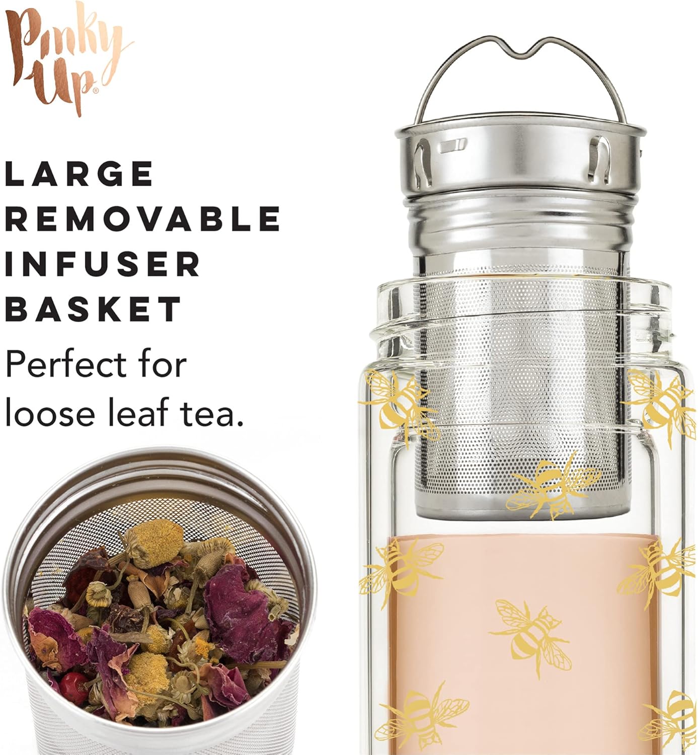 Pinky Up Blair Travel Tea Infuser Mug, Double Walled Insulated Travel Tumbler with Loose Leaf Tea Strainer, Travel Coffee Mug, Keeps Drinks Hot or Cold, 16 oz, White Leaf