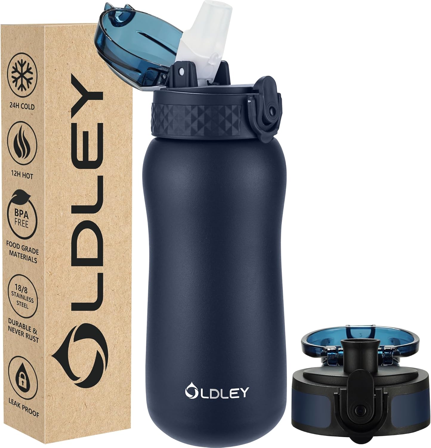 Oldley Insulated Water Bottle 20oz for Adults Kids Stainless Steel Water Bottles with Straw/Chug/Carabiner 3 Lids Fruit Strainer Double Wall Vacuum Wide Mouth BPA Free Leak-Proof for School Travel
