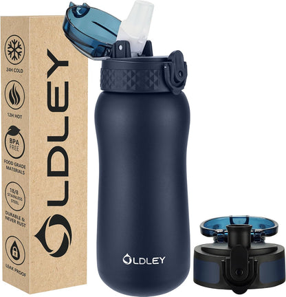 Oldley Insulated Water Bottle 20oz for Adults Kids Stainless Steel Water Bottles with Straw/Chug/Carabiner 3 Lids Fruit Strainer Double Wall Vacuum Wide Mouth BPA Free Leak-Proof for School Travel