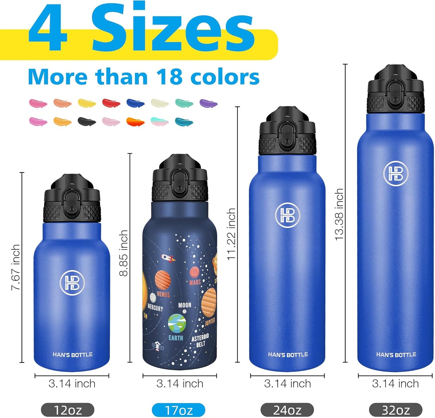 Han's Bottle Sports Water Bottle - 24 Oz, Straw Lid, Leak Proof, Vacuum Insulated Stainless Steel, Double Walled, Thermo Mug,Black
