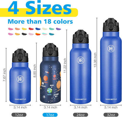 Han's Bottle Sports Water Bottle - 24 Oz, Straw Lid, Leak Proof, Vacuum Insulated Stainless Steel, Double Walled, Thermo Mug,Black
