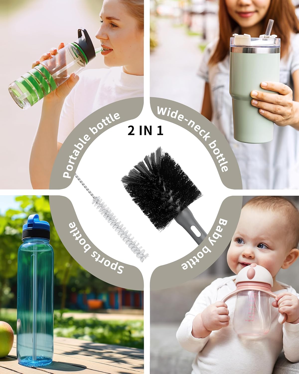 ROSEOK 2 in 1 Long Handle Bottle Brush with Straw Brush for Cleaning Glass, Sports Bottle, Coffee Mug,Navy Blue,1 Pack