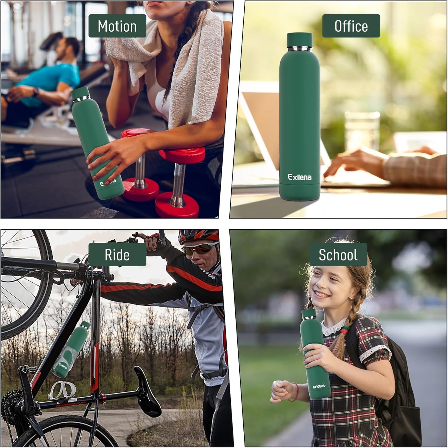 Exllena Slim Insulated Water Bottles for Travel 18oz with Clip, Double Wall Vacuum Stainless Steel Water Bottle Keeps Drinks Cold 24 Hrs/Hot 12 Hrs, 100% Leakproof, BPA Free(Black)