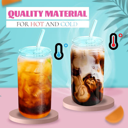 Joyclub 8pcs 16 oz Glass Cups with Acrylic Lids and Straws Can Shaped Iced Coffee Glasses Cute Tumbler Set Drinking Jars for Smoothie Soda Boba Beer Party Housewarming Gifts