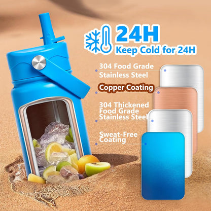 Insulated Water Bottle with Lid & Boot & Stickers, 24 oz Stainless Steel Sweat Free Bottle Keep Cold 24H, BPA-Free Sports Wide Mouth Water Bottle, BlueBlack
