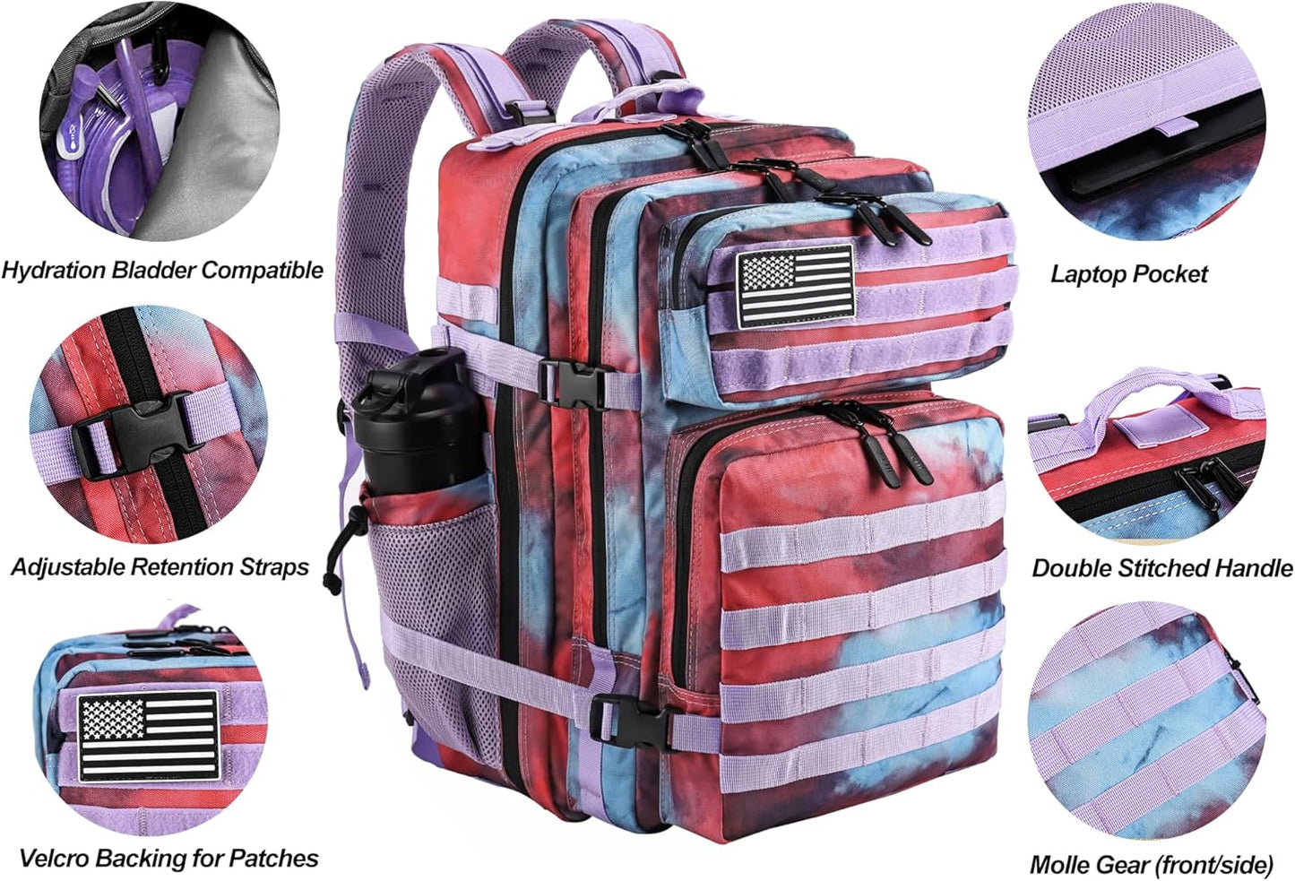 LHI Military Tactical Backpack for Men and Women 45L Army 3 Days Assault Pack Bag Large Rucksack with Molle System - Black - Colors A