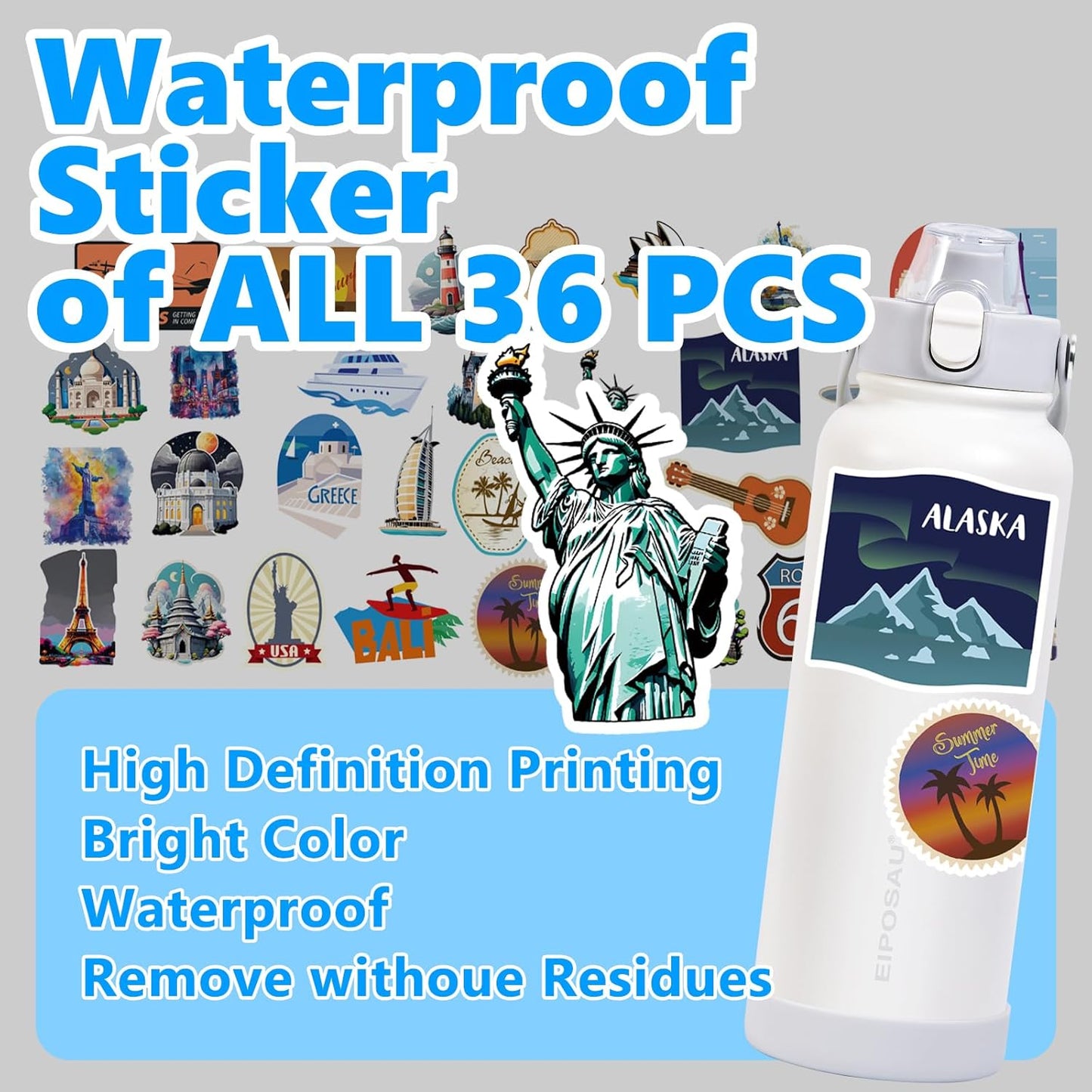 Insulated Water Bottle with Lid & Boot & Stickers, 24 oz Stainless Steel Sweat Free Bottle Keep Cold 24H, BPA-Free Sports Wide Mouth Water Bottle, BlueBlack