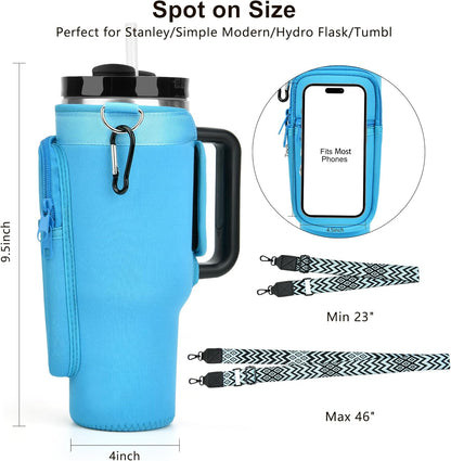LOKASS Personalized Water Bottle Holder with Strap for Stanley Cup Accessories 40 oz, Initial for Stanley Cup Holder Carrier Bag with Phone Pocket, Stylish Tumbler Accessories for Daily Use Hands-Free