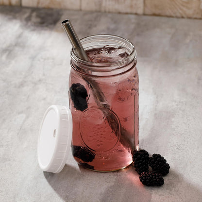 Reusable Wide Mouth Smoothie Boba Tea Cups Bubble Tea Cups with Lids and Silver Straws Mason Jars Glass Cups (2-pack, 32 oz mason jars)