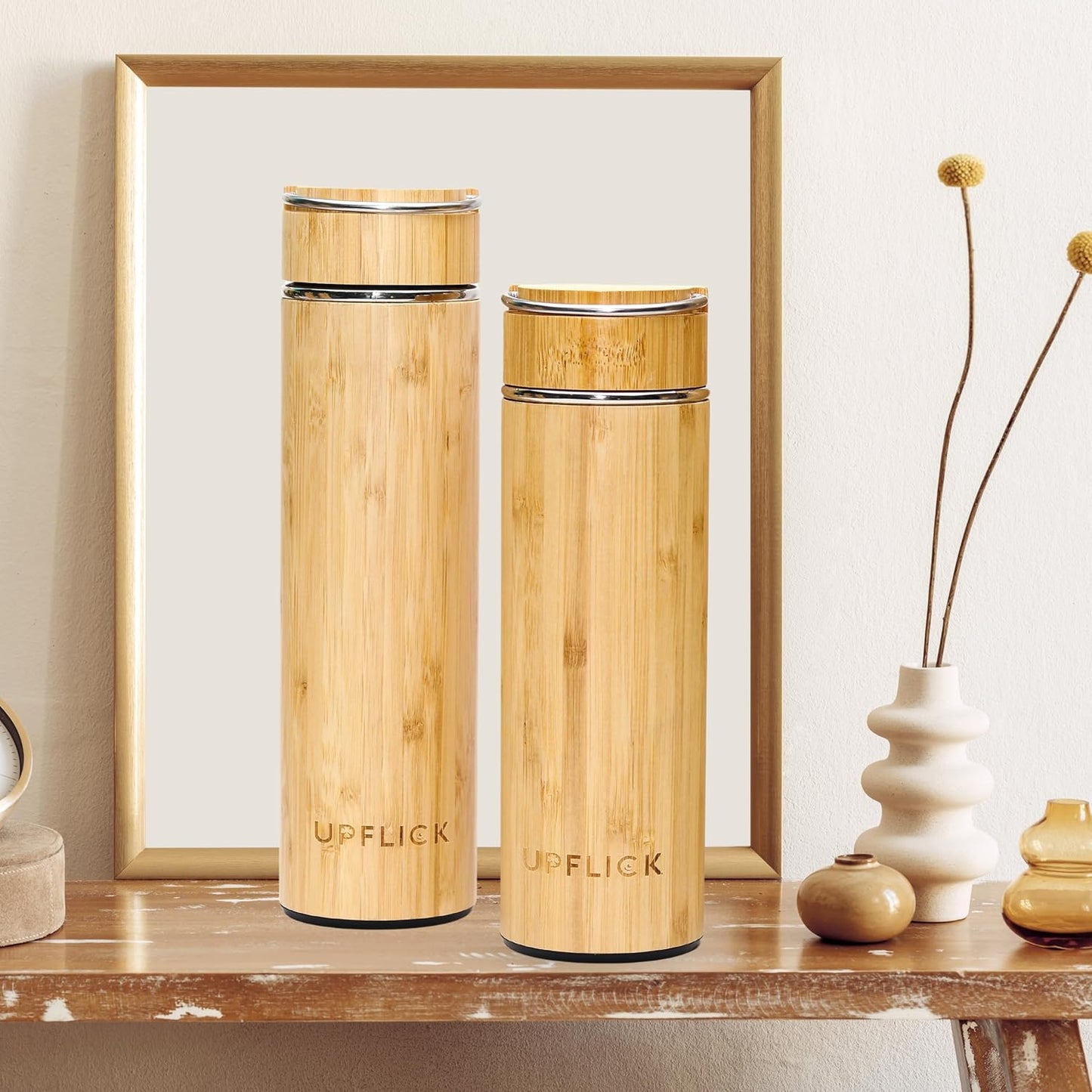 Bamboo Water Bottle Insulated Tea Tumbler for Men Birthday Gift, Women Travel Tea Set with Diffuser for Loose Tea Leaves, Stainless Steel Leak Proof Gift for Mom (15 oz)